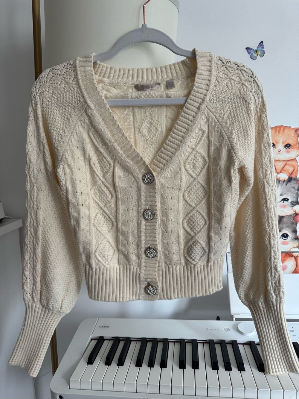 Guess Cream Cable-Knit V-Neck Button Cardigan Sweater